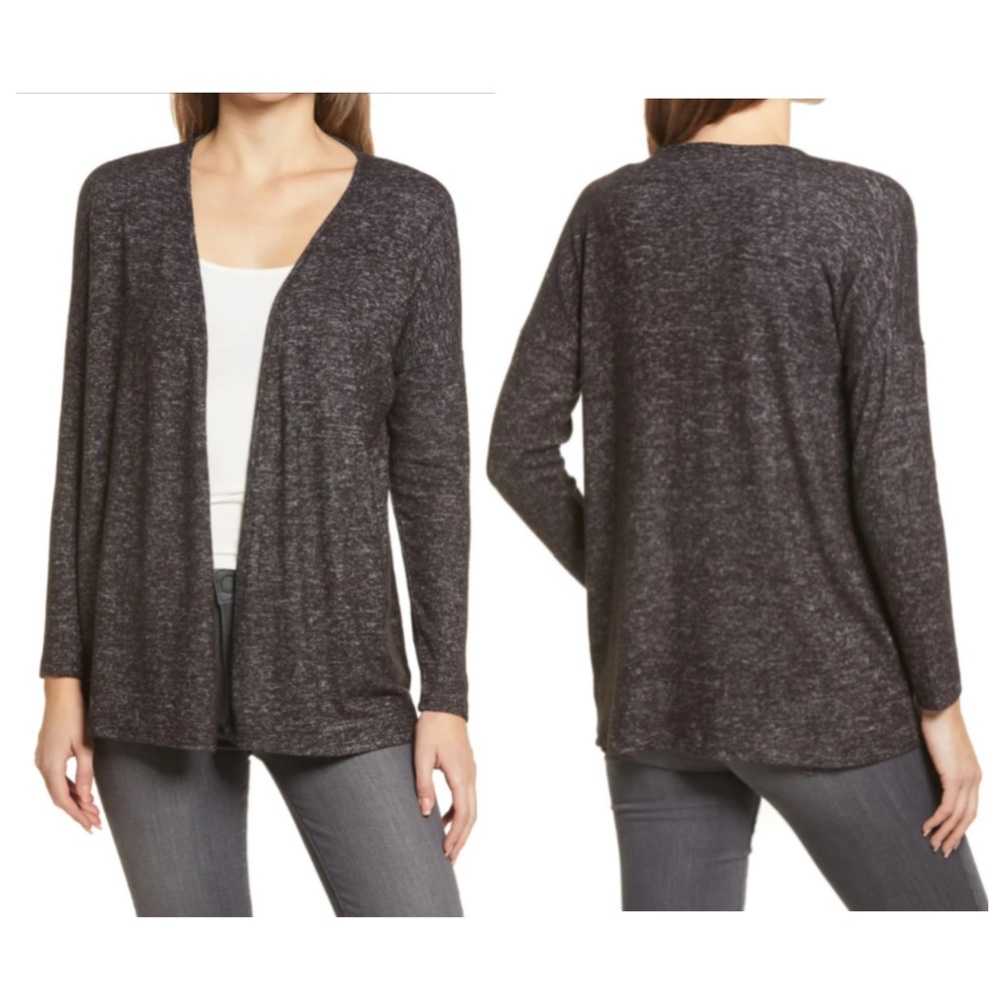 Bobeau Marled Hacci Open Cardigan Raven Black Mix Size L